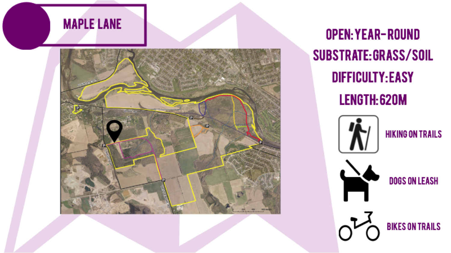 rare's property boundary. Maple Lane, Open: year-round, Substrate: Grass/Soil, Difficulty: Easy, Length: 620m, Hiking on trails, Dogs on leash, Bikes on trails